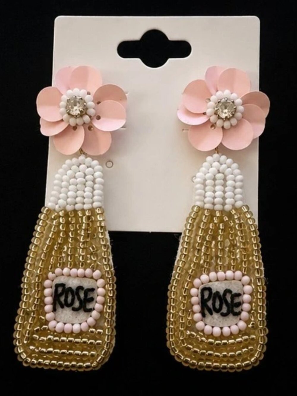 Rosé Wine Bottle Statement Earrings Pink Floral Beaded Dangle Earrings